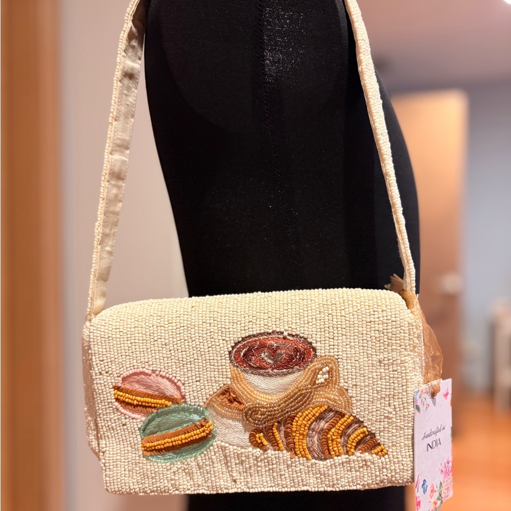 Beaded Bag with Coffee and Macaron Design
